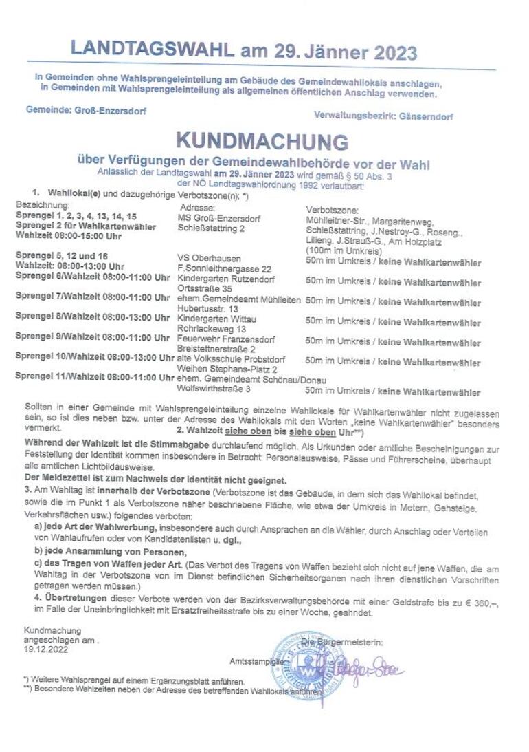 Kundmachung über die Verfügung der Gemeindewahlbehörde vor der Wahl - Anlässlich der Landtagswahl am 29. Jänner 2023